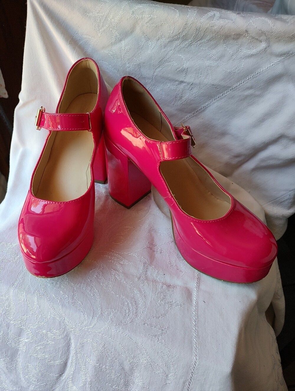 Women’s Hot Pink Patent Platform Mary Jane Block Heels Size 8.5 Barbiecore Retro
